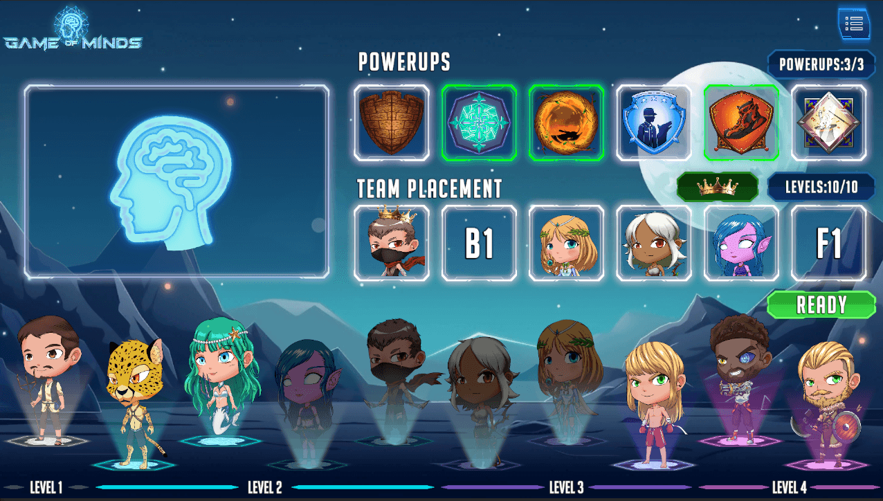 The GOM team draft screen: power-ups, team placement by level, and a captain pick